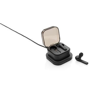 Branded Promotional TWS EARBUDS in Cordless Charger Case in Black Earphones From Concept Incentives.
