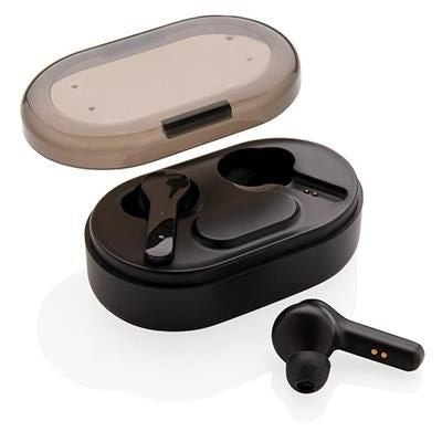 Branded Promotional LIGHT UP LOGO TWS EARBUDS in Charger Case in Black Earphones From Concept Incentives.