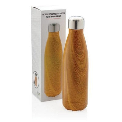 Branded Promotional VACUUM THERMAL INSULATED SS BOTTLE with Wood Print in Yellow Sports Drink Bottle From Concept Incentives.