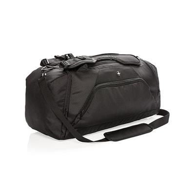Branded Promotional SWISS PEAK RFID SPORTS DUFFLE & BACKPACK RUCKSACK in Black Bag From Concept Incentives.