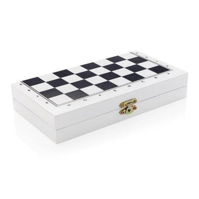Branded Promotional DELUXE 3-IN-1 BOARD GAME in Wood Box in White Chess Game Set From Concept Incentives.