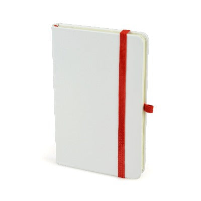 Group Shot of Branded Promotional A6 WHITE NOTEBOOK in Red from Concept Incentives