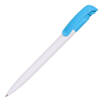 Branded Promotional KODA CLIP PLASTIC BALL PEN in White & Light Blue Pen From Concept Incentives.