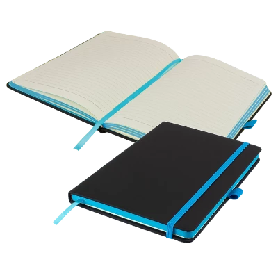 Branded Promotional DENIRO EDGE A5 LINED NOTE BOOK PLUS PEN in Black and Cyan Notebook from Concept Incentives