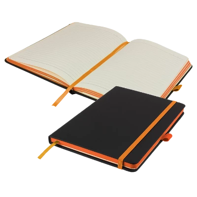 Branded Promotional DENIRO EDGE A5 LINED NOTE BOOK PLUS PEN in Black and Orange Notebook from Concept Incentives