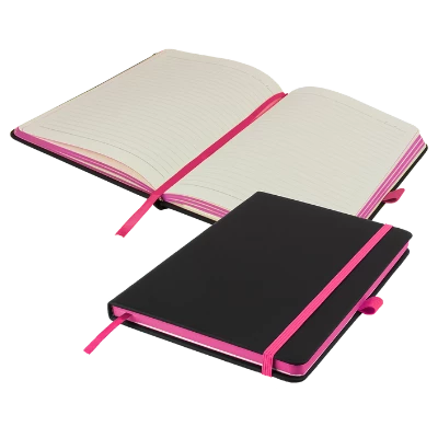 Branded Promotional DENIRO EDGE A5 LINED NOTE BOOK PLUS PEN in Black and Pink Notebook from Concept Incentives