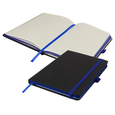 Branded Promotional DENIRO EDGE A5 LINED NOTE BOOK PLUS PEN in Black and Blue Notebook from Concept Incentives