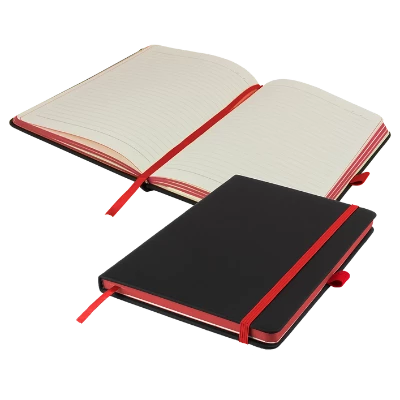 Branded Promotional DENIRO EDGE A5 LINED NOTE BOOK PLUS PEN in Black and Red Notebook from Concept Incentives