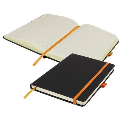 Branded Promotional DE NIRO A5 LINED SOFT TOUCH PU NOTE BOOK in Black and Orange Notebook from Concept Incentives