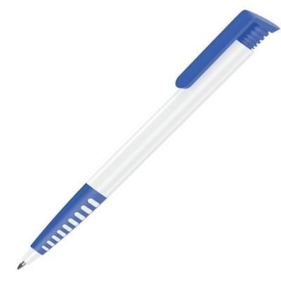 Branded Promotional ALBION GRIP BALL PEN in White with Blue Trim Pen From Concept Incentives.