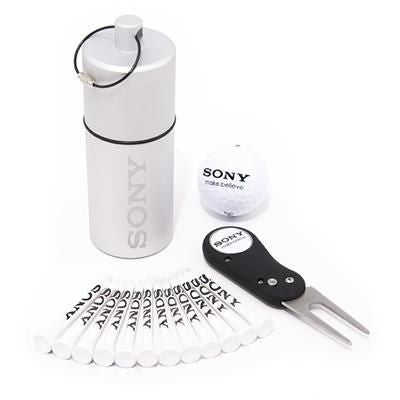 Branded Promotional 1 BALL ALUMINIUM METAL GOLF TUBE 7 Golf Gift Set From Concept Incentives.