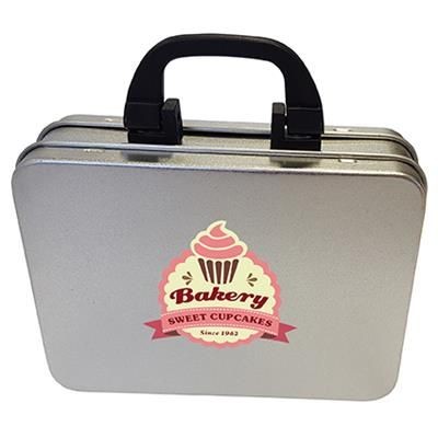 Branded Promotional SUITCASE TIN with Approximately 100g of Chocos Sweets From Concept Incentives.