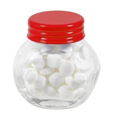 Branded Promotional SMALL GLASS JAR with 40g of Mints in Red Mints From Concept Incentives.