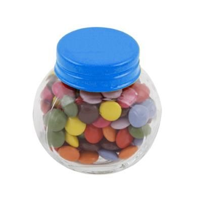Branded Promotional SMALL GLASS JAR with 30g of Chocs in Light Blue Sweets From Concept Incentives.