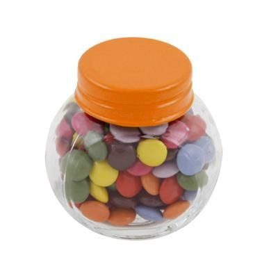 Branded Promotional SMALL GLASS JAR with 30g of Chocs in Orange Sweets From Concept Incentives.