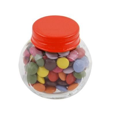 Branded Promotional SMALL GLASS JAR with 30g of Chocs in Red Sweets From Concept Incentives.