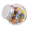 Branded Promotional SMALL GLASS JAR with 30g of Chocs in Silver Sweets From Concept Incentives.