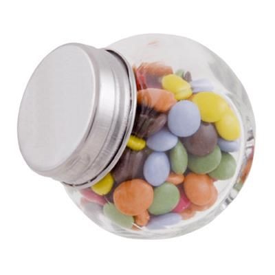 Branded Promotional SMALL GLASS JAR with 30g of Chocs in Silver Sweets From Concept Incentives.