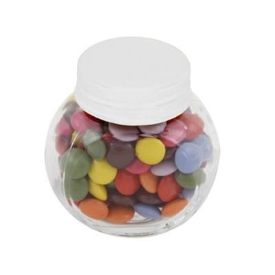 Branded Promotional SMALL GLASS JAR with 30g of Chocs in White Sweets From Concept Incentives.