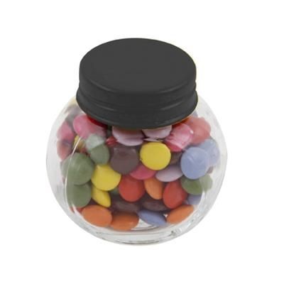 Branded Promotional SMALL GLASS JAR with 30g of Chocs in Black Sweets From Concept Incentives.