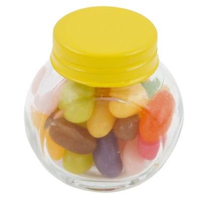 Branded Promotional SMALL GLASS JAR with 40g of Jelly Beans in Yellow Sweets From Concept Incentives.