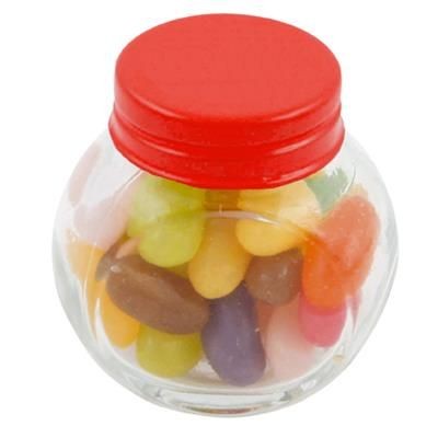 Branded Promotional SMALL GLASS JAR with 40g of Jelly Beans in Red Sweets From Concept Incentives.