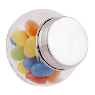 Branded Promotional SMALL GLASS JAR with 40g of Jelly Beans in Silver Sweets From Concept Incentives.