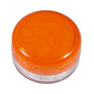 Branded Promotional ROUND PLASTIC CONTAINER with 12g of Mints in Orange Mints From Concept Incentives.