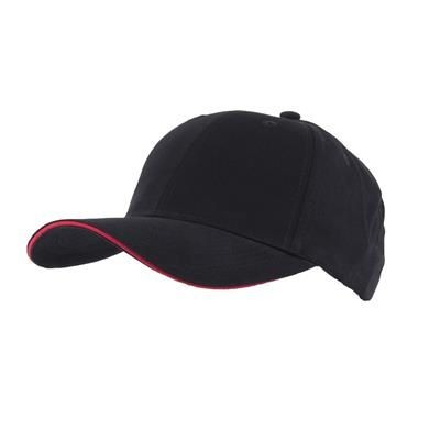 Branded Promotional FULLY COVERED 6 PANEL BASEBALL CAP in Black & Red Baseball Cap From Concept Incentives.