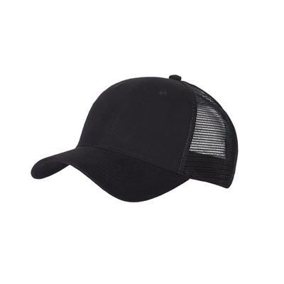 Branded Promotional 100% COTTON FRONTED 6 PANEL TRUCKER CAP in Black Baseball Cap From Concept Incentives.