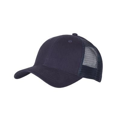 Branded Promotional 100% COTTON FRONTED 6 PANEL TRUCKER CAP in Navy Bluel Baseball Cap From Concept Incentives.