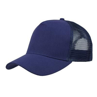 Branded Promotional LINEN FRONTED 5 PANEL STRUCTURED TRUCKER BASEBALL CAP in Navy Baseball Cap From Concept Incentives.