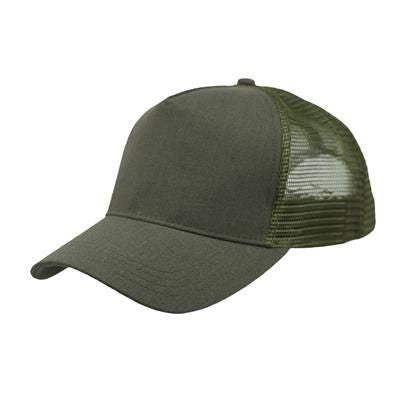 Branded Promotional LINEN FRONTED 5 PANEL STRUCTURED TRUCKER BASEBALL CAP in Olive Baseball Cap From Concept Incentives.