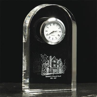 Branded Promotional OPTICAL CRYSTAL GLASS ARCH CLOCK Clock From Concept Incentives.