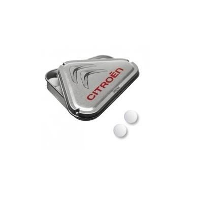 Branded Promotional TRIANGULAR METAL MINTS TIN in Silver Mints From Concept Incentives.