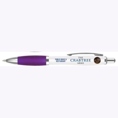 Branded Promotional CONTOUR DIGITAL BALL PEN in White with Purple Grip Pen From Concept Incentives.