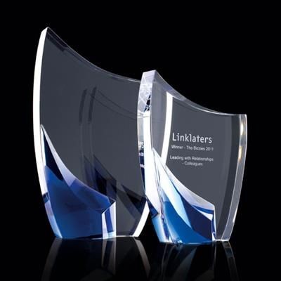 Branded Promotional LARGE CRYSTAL CRESCENT with Blue Stand Award From Concept Incentives.