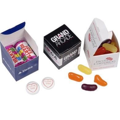 Branded Promotional 40MM CUBE BOX FILLED with Mints Imperials or Jelly Beans Sweets From Concept Incentives.