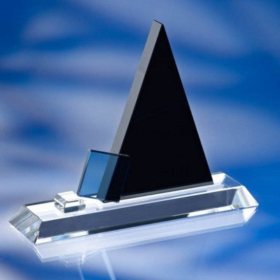 Branded Promotional BLACK, BLUE & CLEAR TRANSPARENT GLASS AWARD TROPHY Award From Concept Incentives.