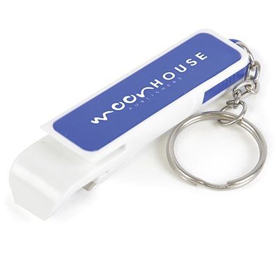 Branded Promotional TARANTO 3-IN-1 LIGHTWEIGHT KEYRING in White with Blue Trim Bottle Opener From Concept Incentives.