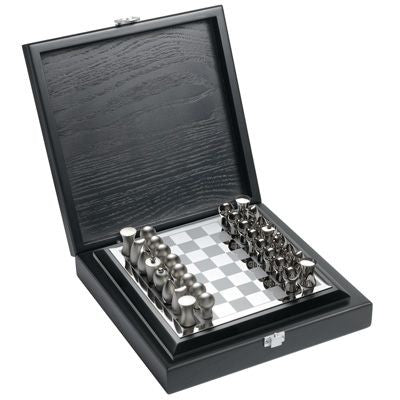 Branded Promotional METAL CHESS BOARD in Silver in Wood Box Chess Game Set From Concept Incentives.