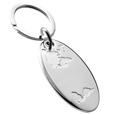 Branded Promotional OVAL METAL KEYRING in Silver with World Map Keyring From Concept Incentives.