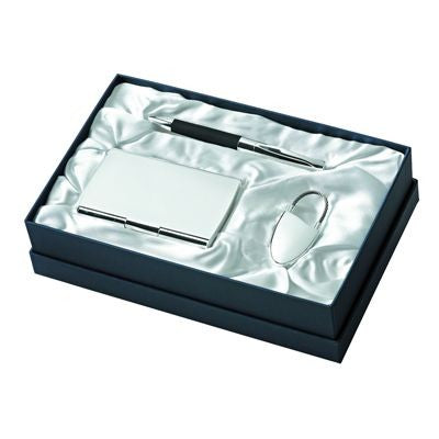 Branded Promotional KEYRING, BALL PEN & BUSINESS CARD HOLDER GIFT SET in Silver Desk Gift Set From Concept Incentives.