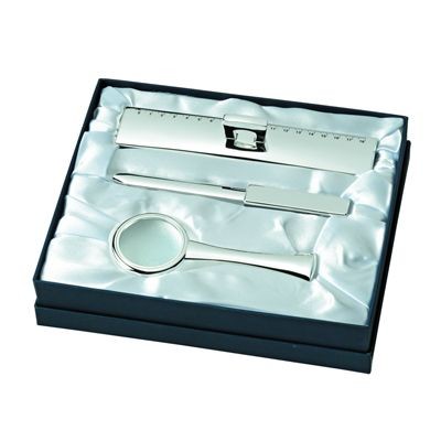 Branded Promotional LETTER OPENER, MAGNIFIER GLASS & RULER GIFT SET in Silver Desk Gift Set From Concept Incentives.