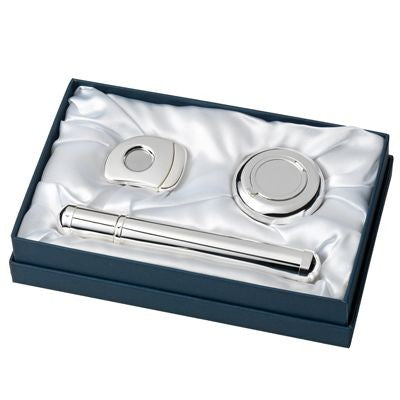 Branded Promotional METAL CIGAR CASE, CIGAR CUTTER & ASH TRAY GIFT SET in Silver Cigar Cutter Set From Concept Incentives.