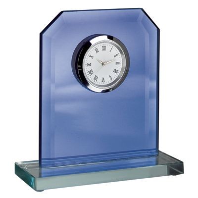 Branded Promotional TROPHY AWARD CLOCK in Blue Glass with White Base Clock From Concept Incentives.