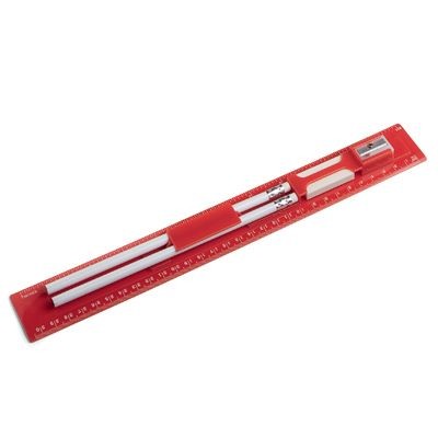 Branded Promotional RED PLASTIC RULER with Stationery Stationery Set From Concept Incentives.