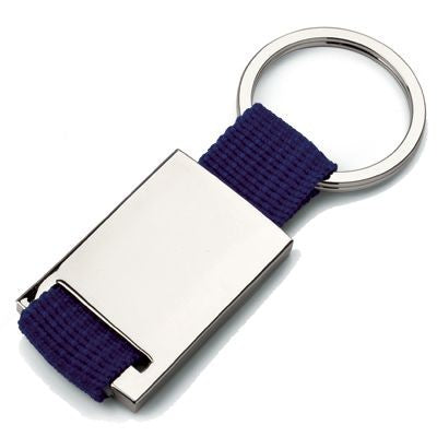 Branded Promotional MATT SILVER METAL KEYRING with Cloth Strap in Blue Keyring From Concept Incentives.