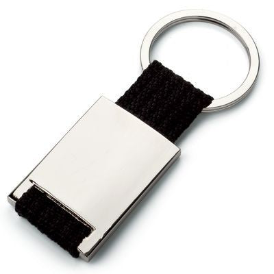 Branded Promotional MATT SILVER METAL KEYRING with Cloth Strap in Black Other Colours Available Keyring From Concept Incentives.