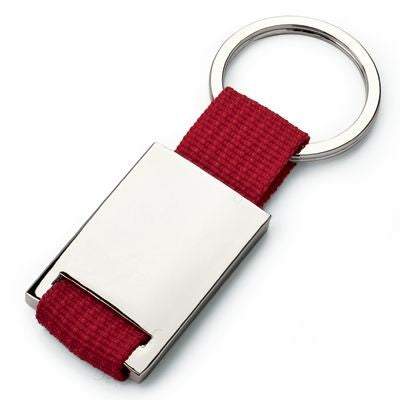 Branded Promotional MATT SILVER METAL KEYRING with Cloth Strap in Red Keyring From Concept Incentives.